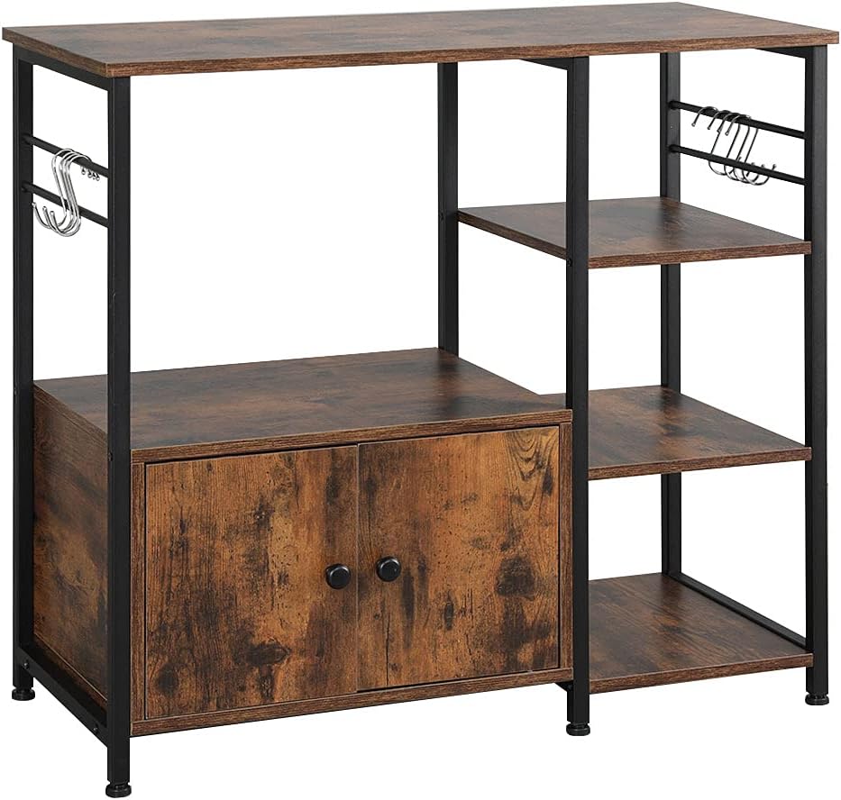 4-Tier Industrial Kitchen Baker's Rack with Storage and 8 Hooks, Rustic Brown J83058