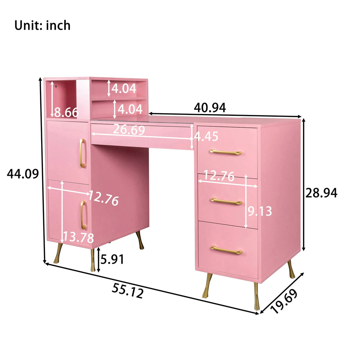 Pink 55inches Vanity Desk with 4 Drawers H669