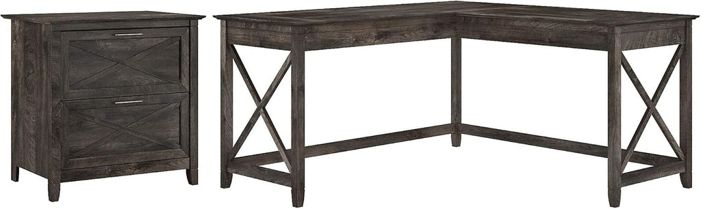 Dark Gray Hickory L Shaped Desk with 2 Drawer Lateral File Cabinet T21189