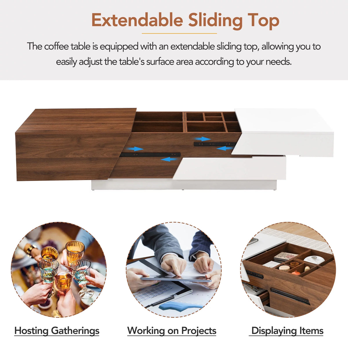 White Walnut Extendable Coffee Table with Storage Drawers A783429