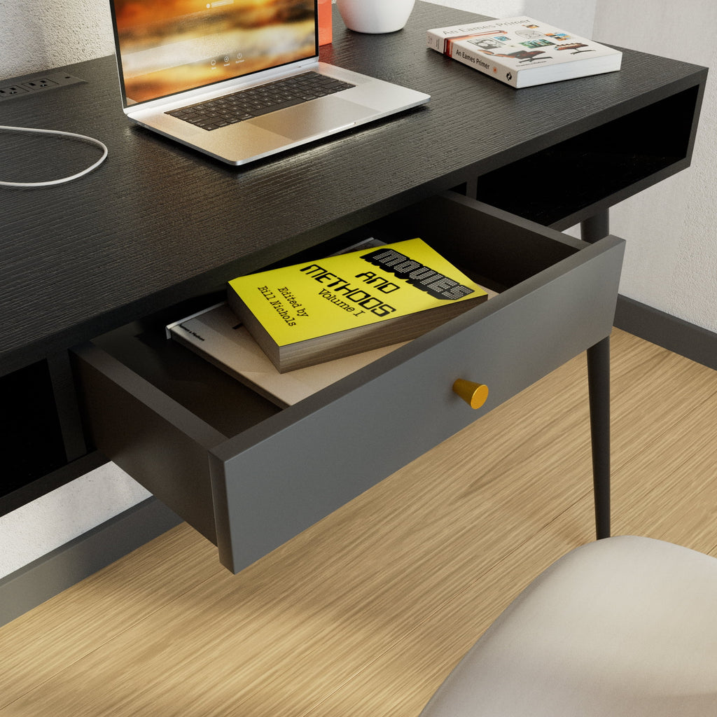Black Writing Desk with Power Outlet and Drawer T9724