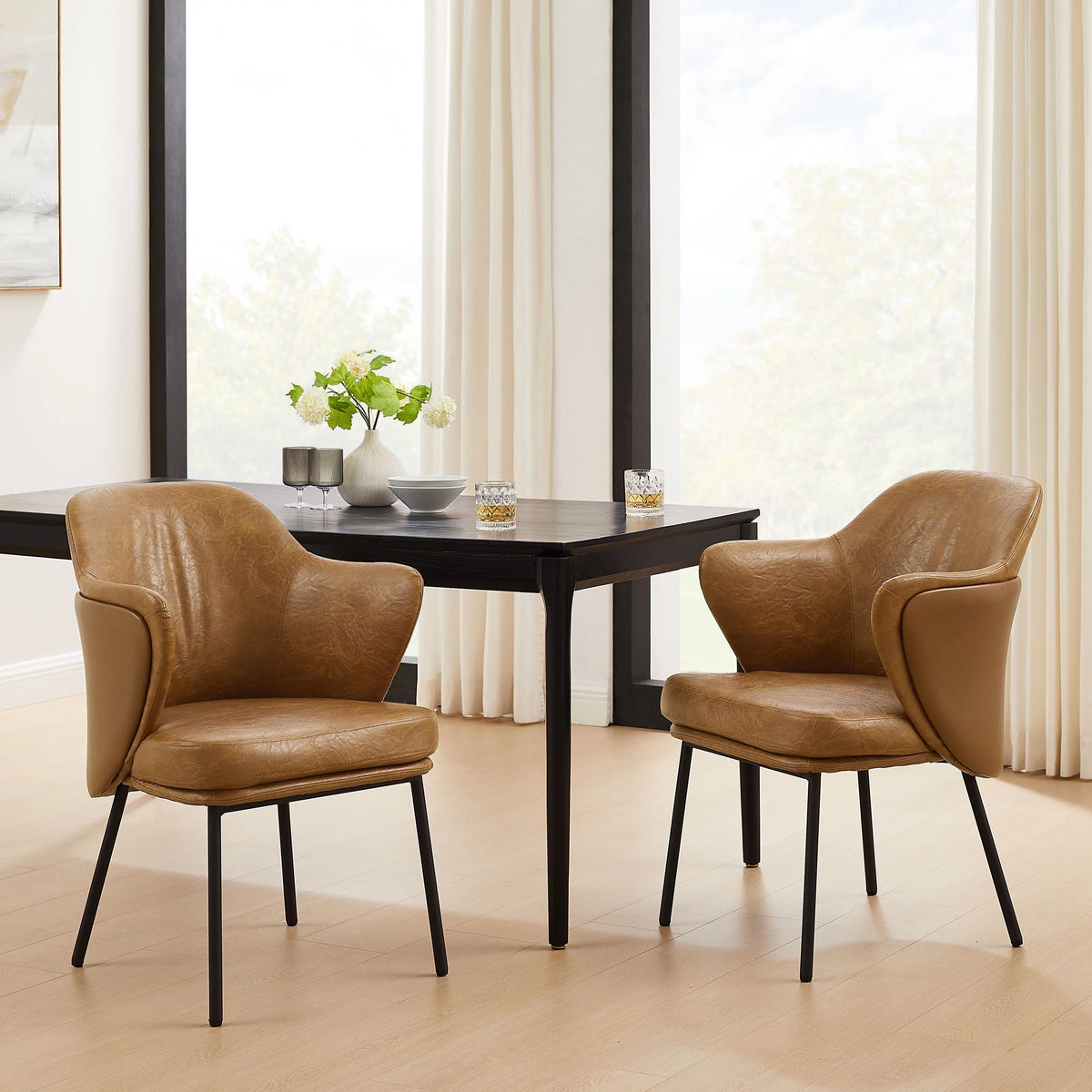 Brown PU Leather Upholstered Dining Chairs Set of 2 D439