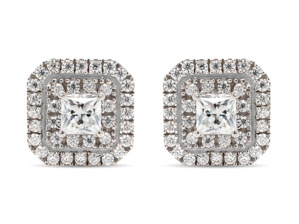 1 Carat Princess & Round Cut Lab Created Moissanite Double Halo Stud Earrings In 14K Rose Gold Over Sterling Silver F301