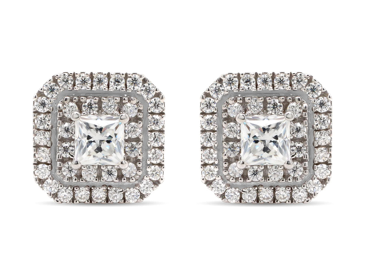 1 Carat Princess & Round Cut Lab Created Moissanite Double Halo Stud Earrings In 14K Rose Gold Over Sterling Silver F301
