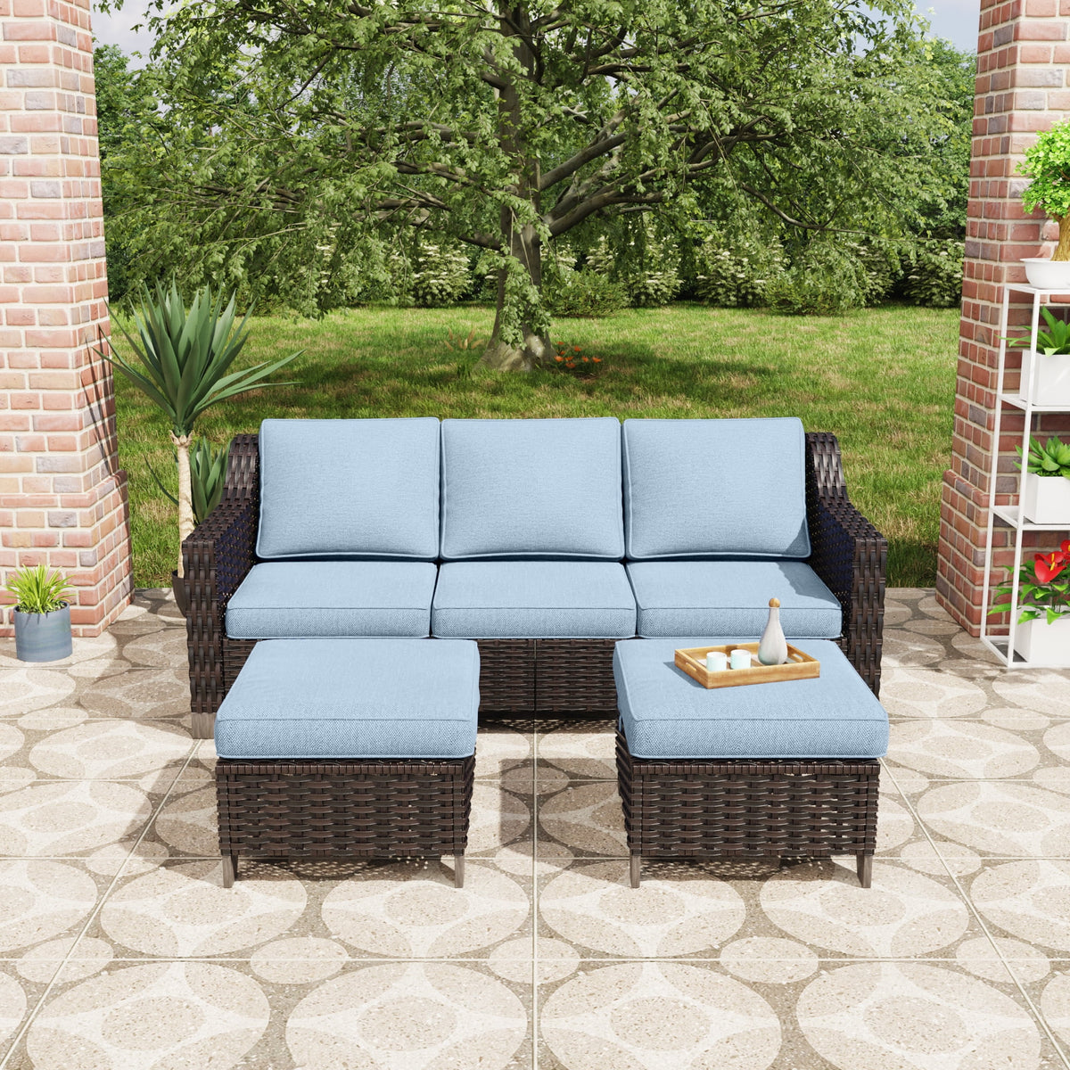 3 Pieces Outdoor Patio Wicker Conversation Set with Cushions, Sky Blue L3671