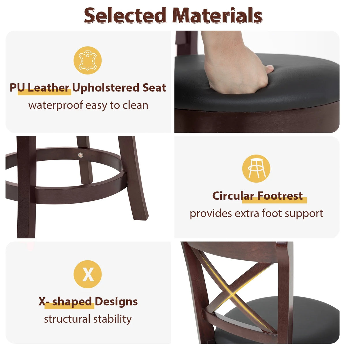 Brown Wooden Low Back Bar Stools with 360 Degree Swivel and PU Leather Upholstery N66081