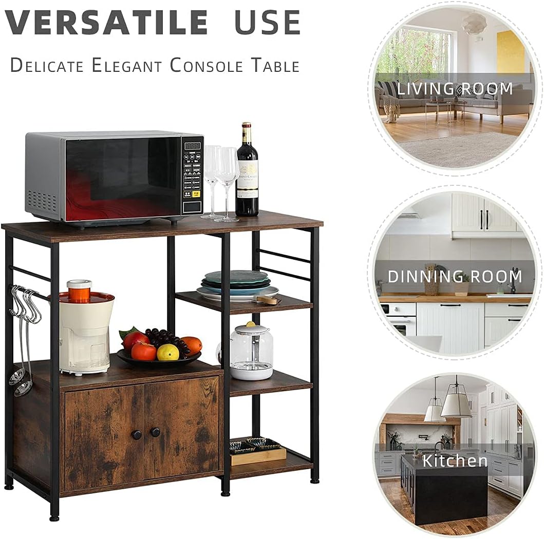 4-Tier Industrial Kitchen Baker's Rack with Storage and 8 Hooks, Rustic Brown J83058