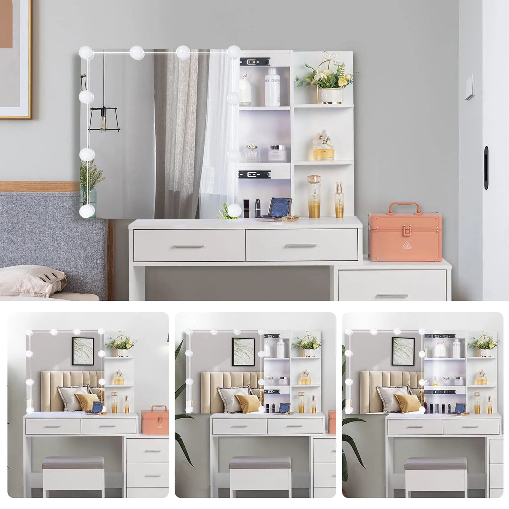 White 5 Drawer Lighted Mirror Vanity Makeup Table Set E8844