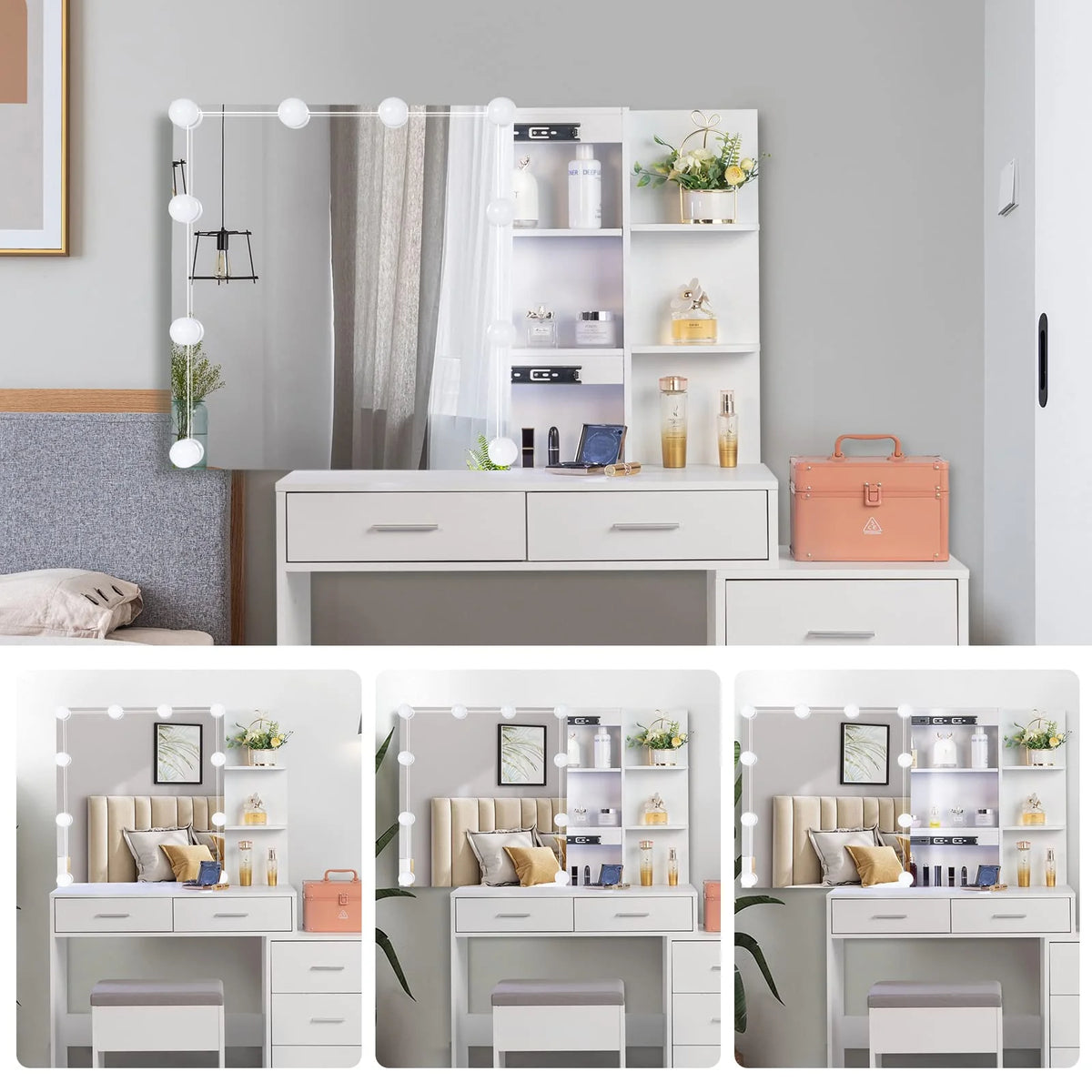 White 5 Drawer Lighted Mirror Vanity Makeup Table Set E8844