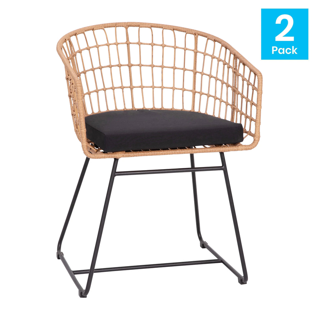 Set of 2 Indoor/Outdoor Rope PE Wicker Rattan Club Chairs with Black Cushions O8506