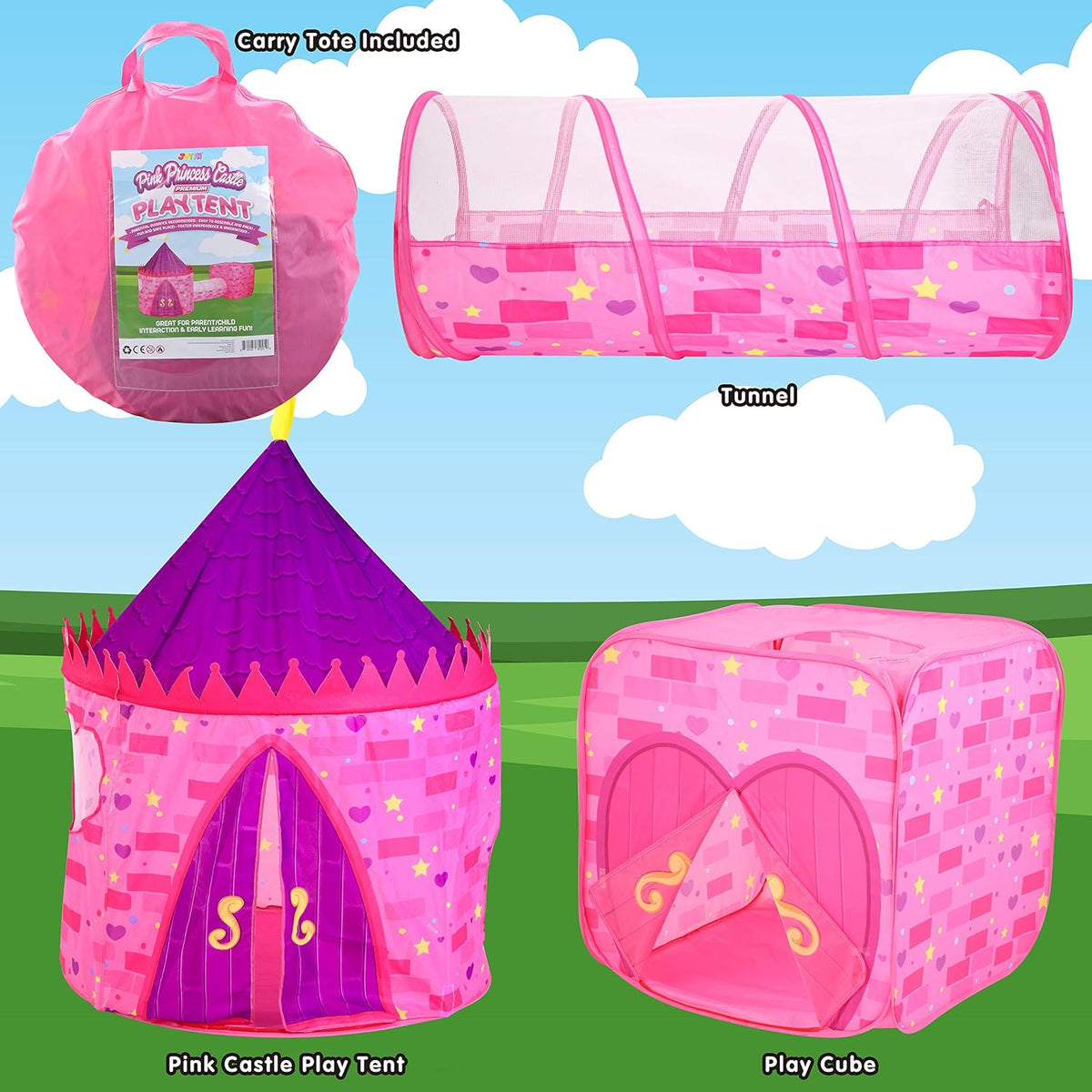 Pink Castle Play Tent with Pop Up Tunnel and Playhouse Kids Indoor Outdoor Play Tent Set S1833