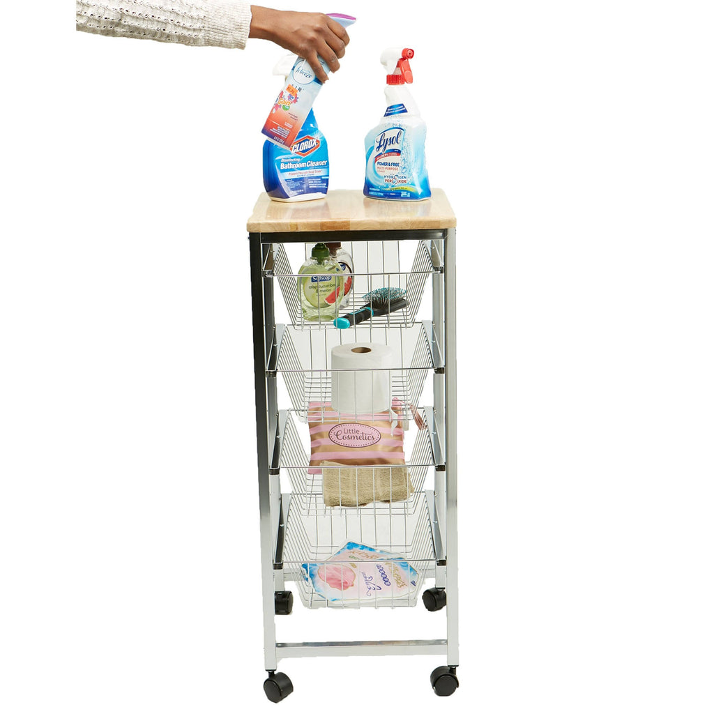 4 Tier Wire Basket Cart with Wood Surface B9788
