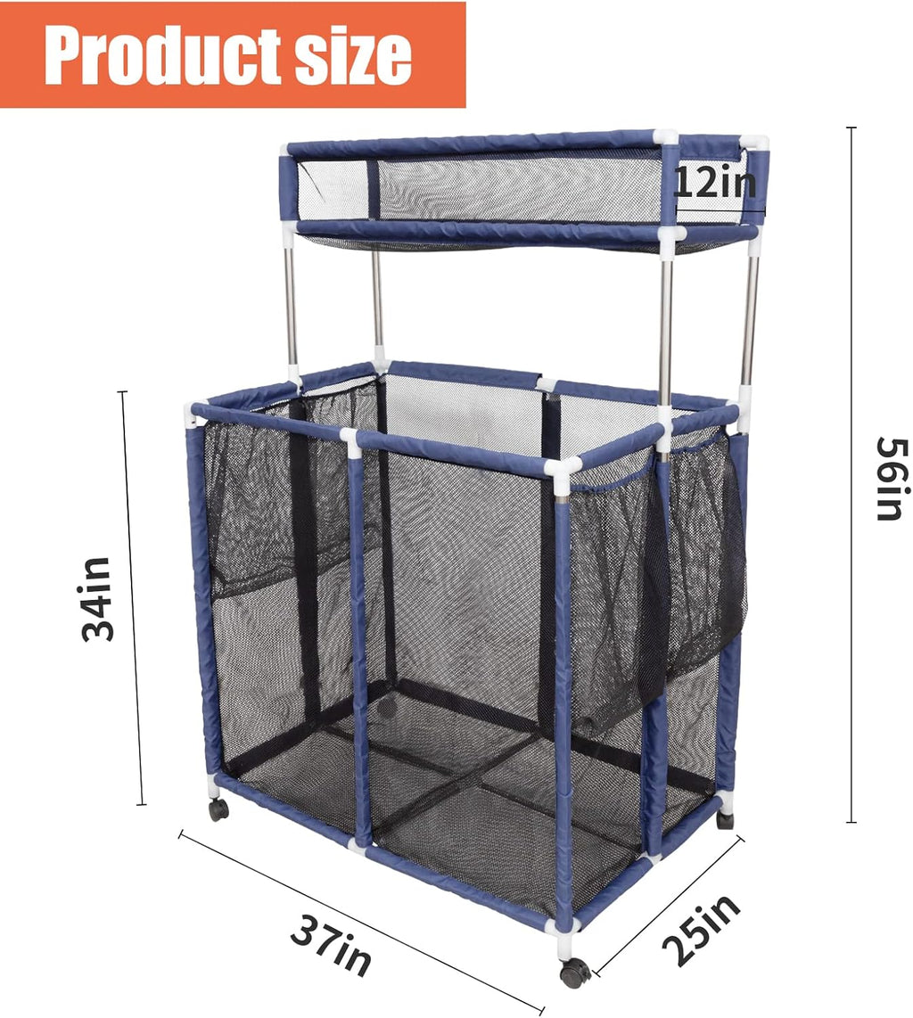 Double Tier Rolling Pool Toy Storage Cart Bin with Top Shelf & Side Pockets U172