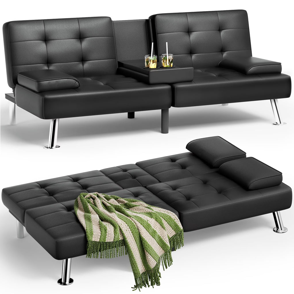 Black Faux Leather Convertible Futon Sofa Bed with Removable Armrests Q5125