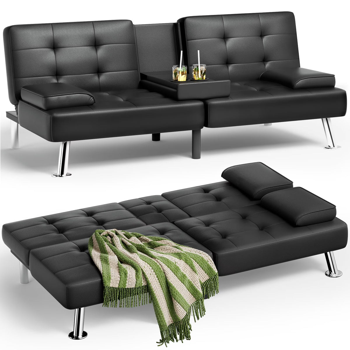 Black Faux Leather Convertible Futon Sofa Bed with Removable Armrests Q5125