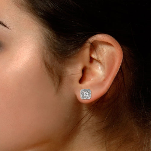 1 Carat Princess & Round Cut Lab Created Moissanite Double Halo Stud Earrings In 14K Rose Gold Over Sterling Silver F301