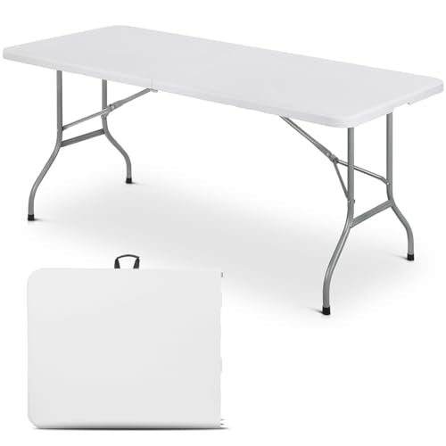 48 Inch Folding Table with Carry Handle, Heavy Duty Plastic Utility Table with Steel Legs, White L97287