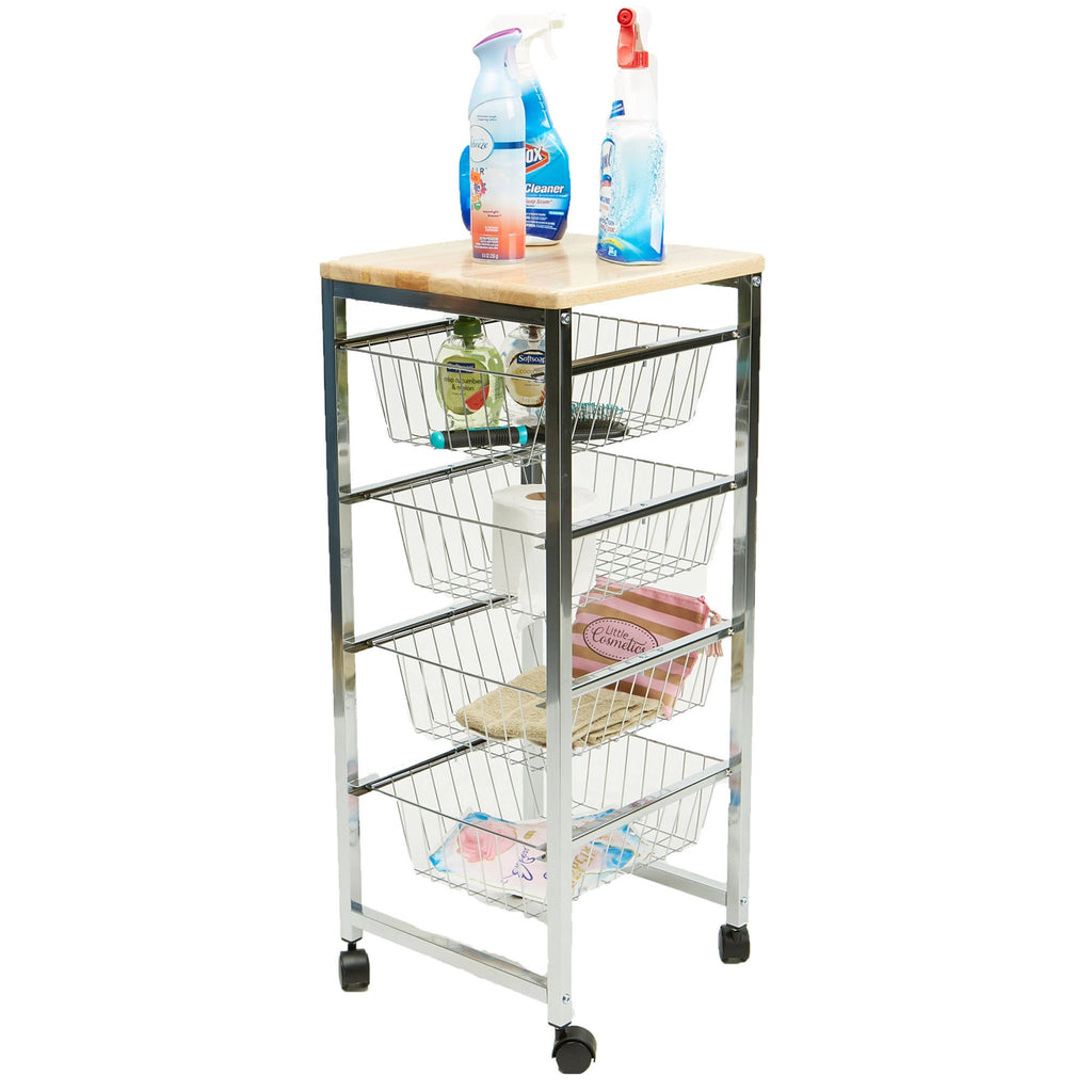 4 Tier Wire Basket Cart with Wood Surface B9788