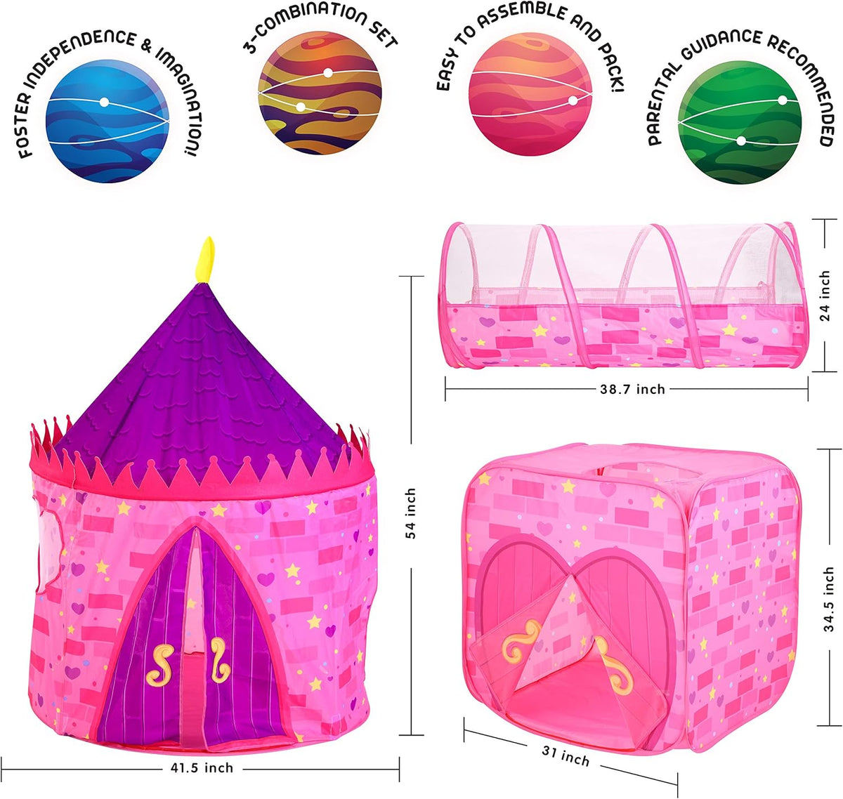 Pink Castle Play Tent with Pop Up Tunnel and Playhouse Kids Indoor Outdoor Play Tent Set S1833