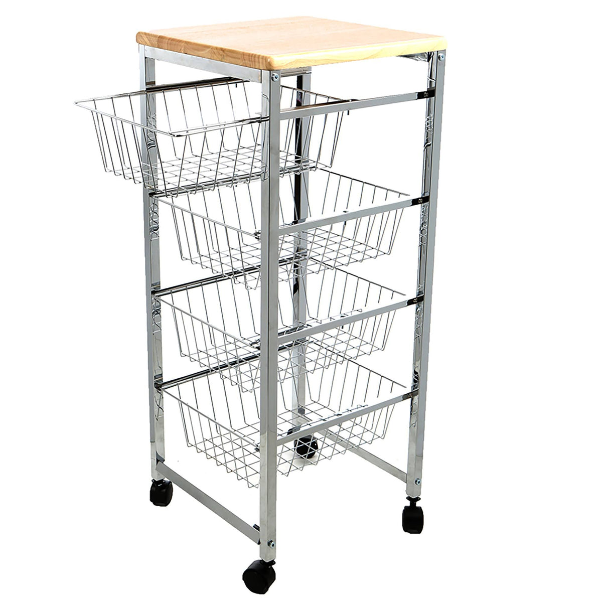 4 Tier Wire Basket Cart with Wood Surface B9788