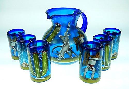 Blue Hand Blown Glasses and Pitcher Set with Display Rack T70644