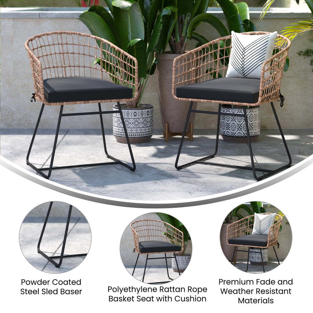 Set of 2 Indoor/Outdoor Rope PE Wicker Rattan Club Chairs with Black Cushions O8506