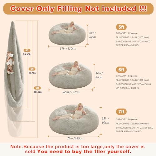 Waterproof Faux Fur 5FT Round Bean Bag Chair Cover with Pocket F974