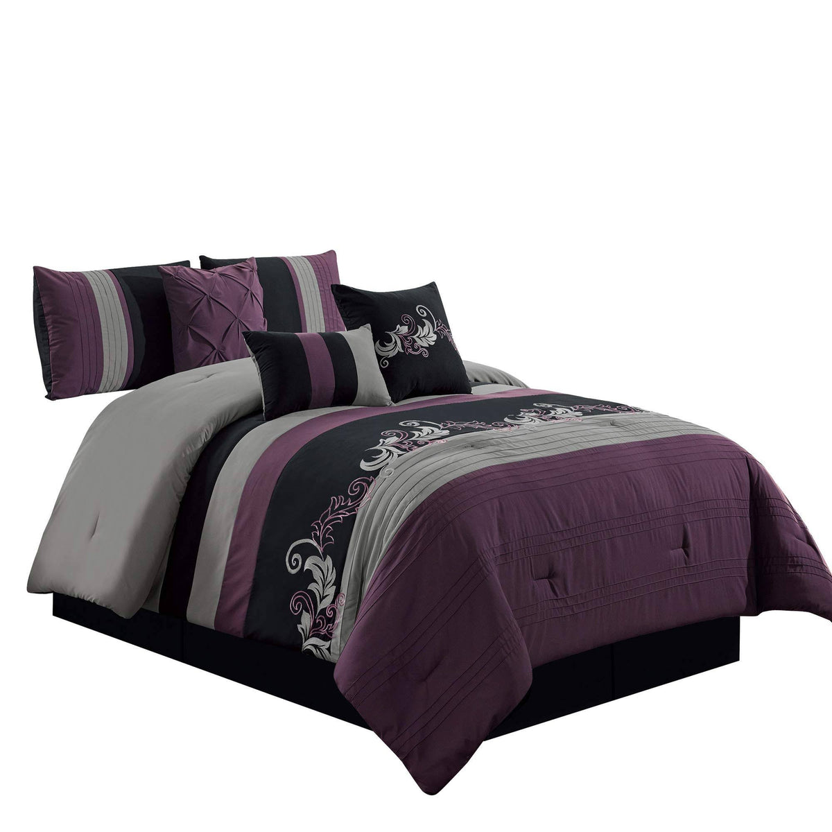 7-Piece Embroidered Comforter Set Full Purple Gray Black H79484
