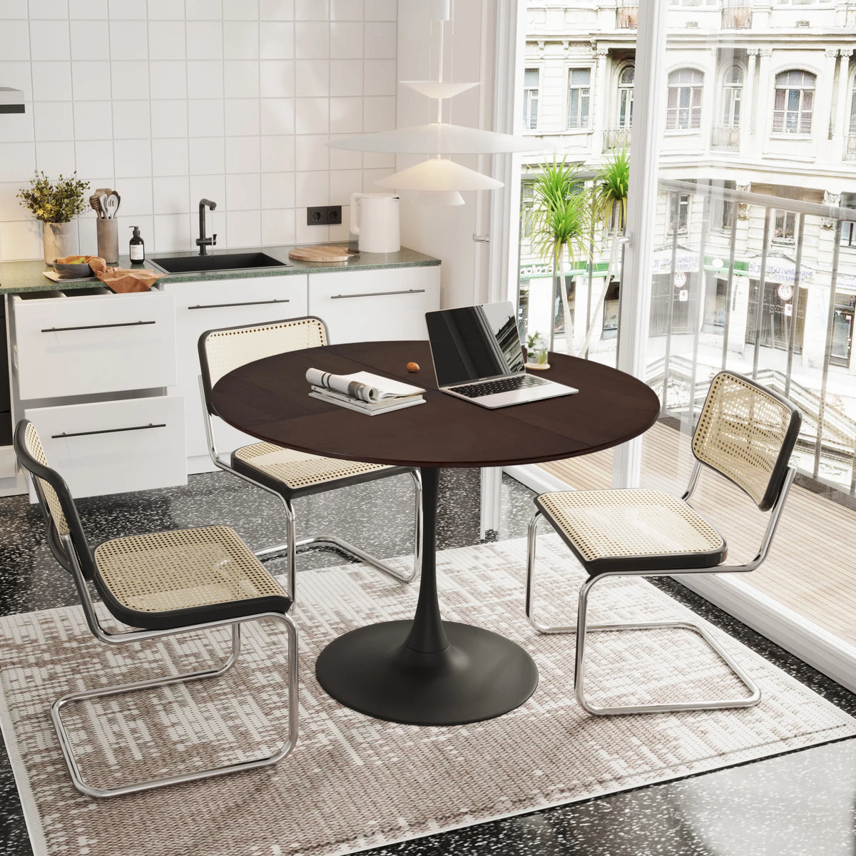 47.24" Round Dining Table with Wood Grain Top Metal Base K87873