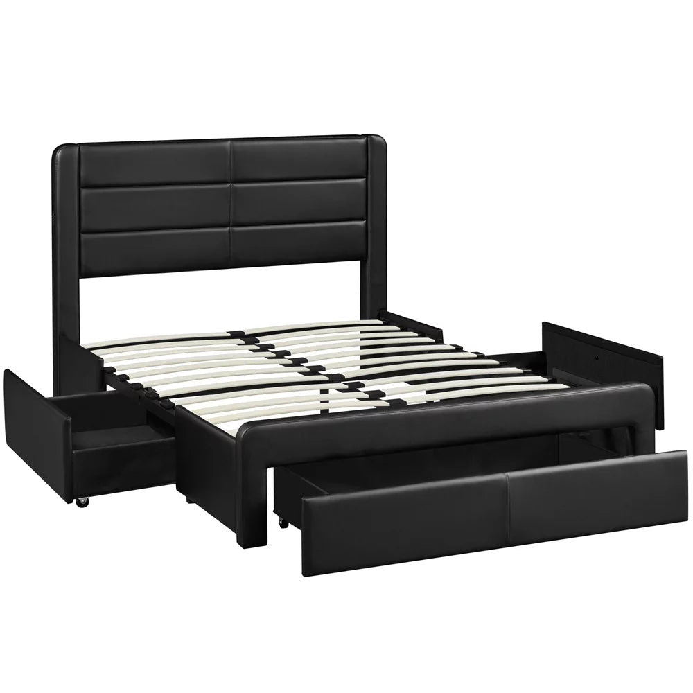 Black Queen Upholstered Platform Bed with 3 Storage Drawers M706236