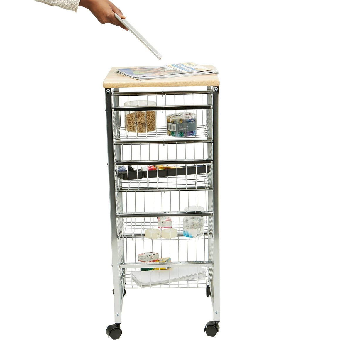 4 Tier Wire Basket Cart with Wood Surface B9788