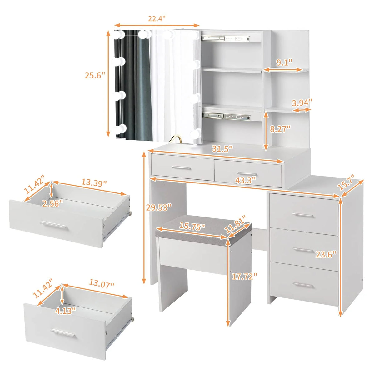 White 5 Drawer Lighted Mirror Vanity Makeup Table Set E8844