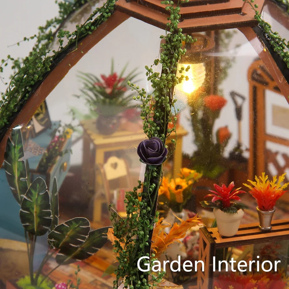 DIY Miniature Dollhouse Kit Wooden Flower Green House with LED Light V21379