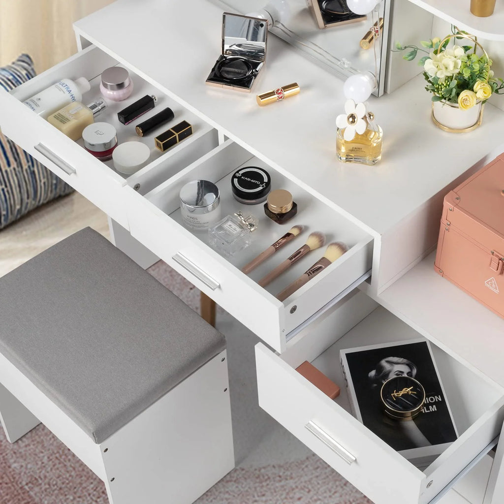 White 5 Drawer Lighted Mirror Vanity Makeup Table Set E8844