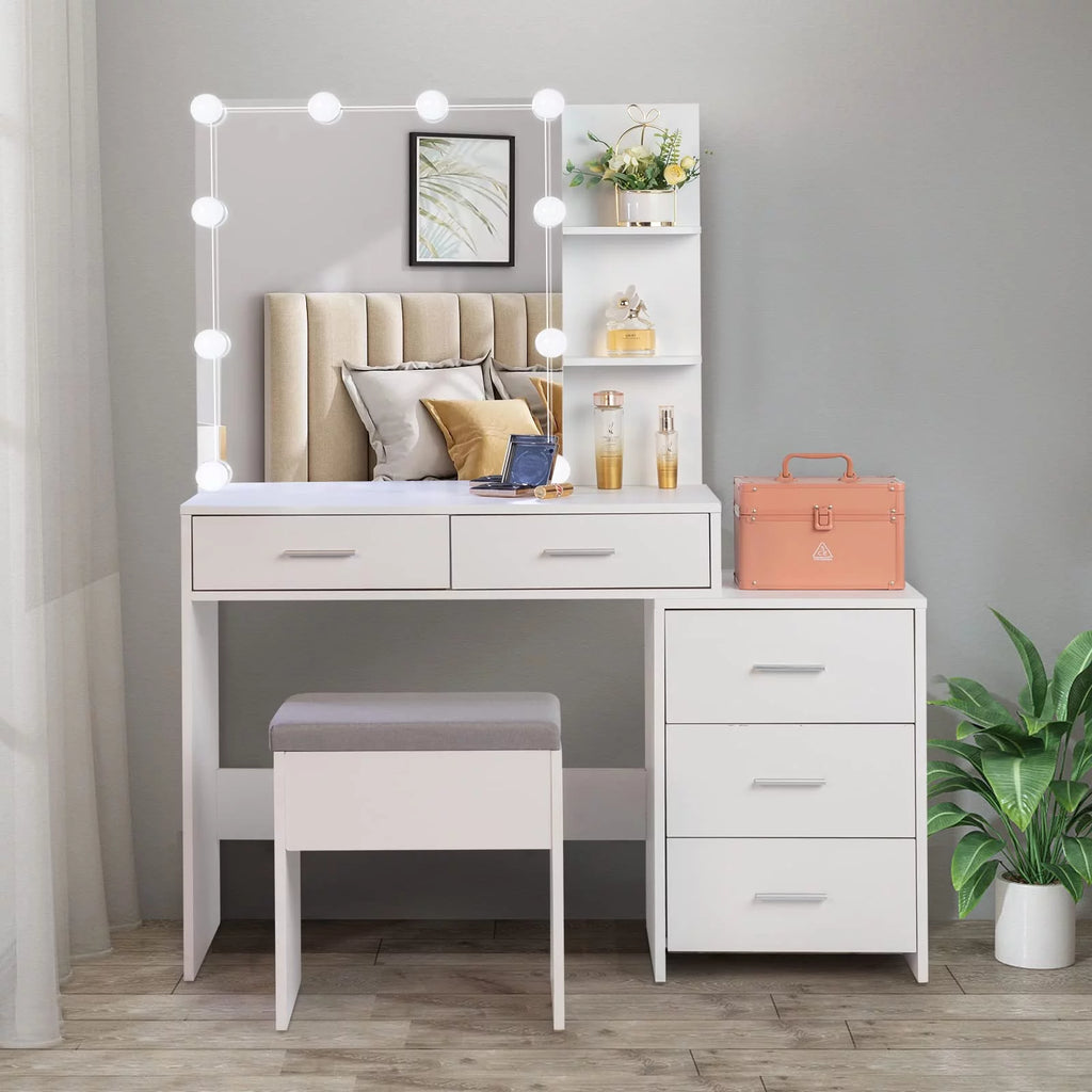 White 5 Drawer Lighted Mirror Vanity Makeup Table Set E8844