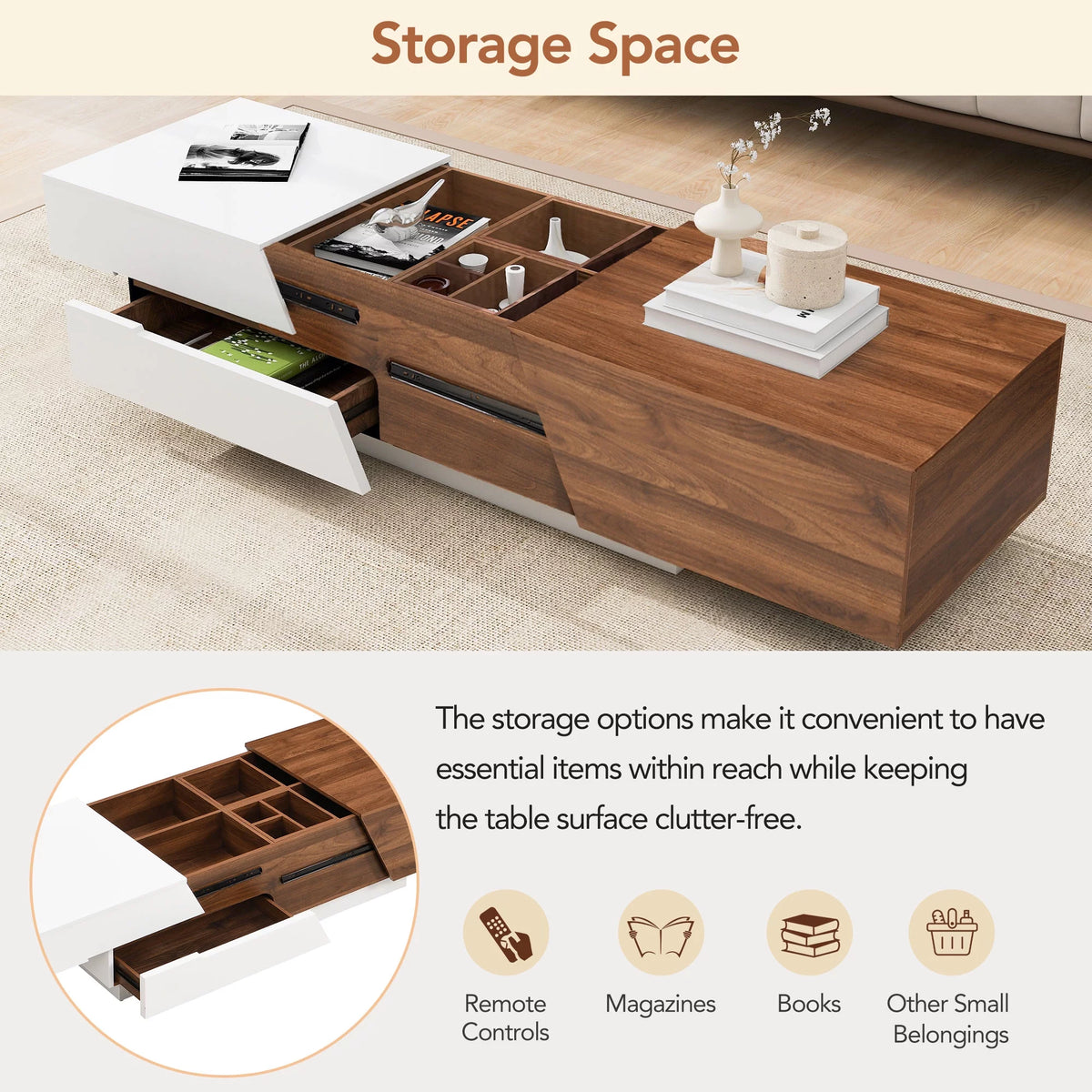 White Walnut Extendable Coffee Table with Storage Drawers A783429