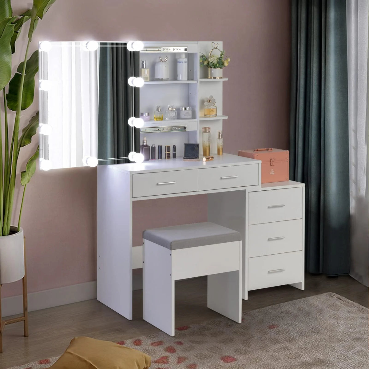 White 5 Drawer Lighted Mirror Vanity Makeup Table Set E8844