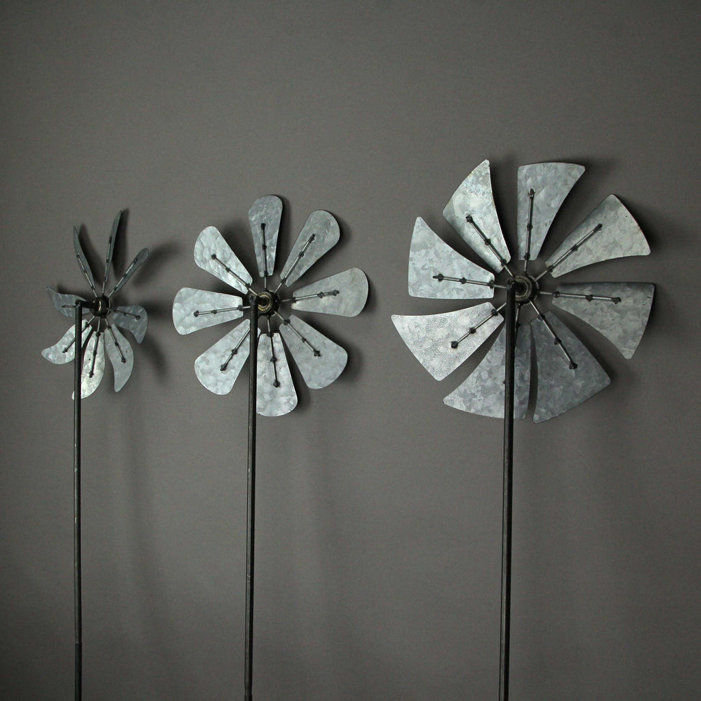 Silver Metal Windmill Wind Spinner Garden Stakes Set of 3 R11661